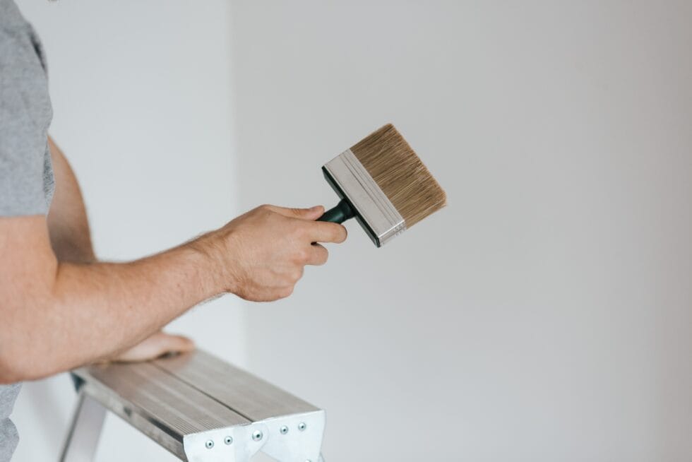 A man on top of a ladder holding a wide flat brush, Sustainable Paint Disposal Methods