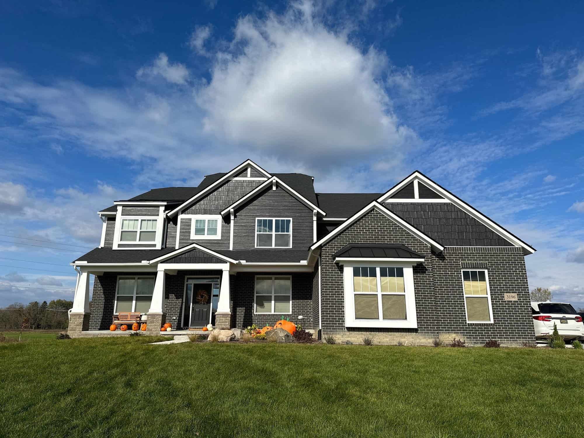 Front view of the black house. It is surrounded by grass.

exterior painting safety
