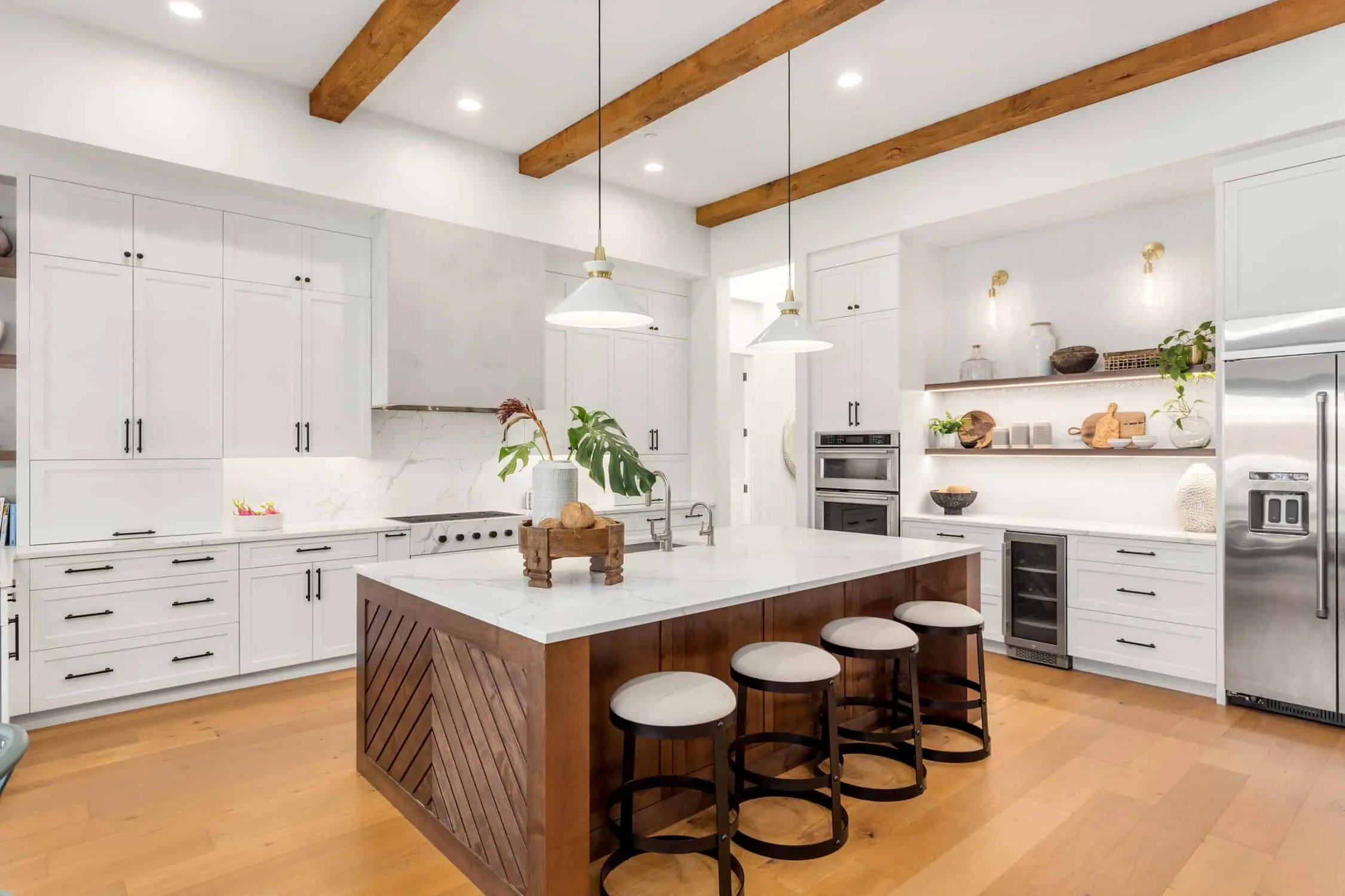 A gourmet kitchen in a newly constructed luxury home, featuring high-end appliances, custom cabinetry, and a spacious island, perfect for entertaining. common interior house color